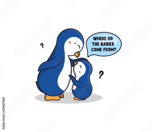 The Family penguins a talking to each other. Cartoonish animals with a cloud phrase