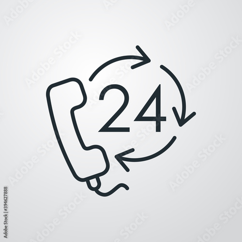 Servicio 24 horas. Icono plano auricular de teléfono con 24 y flechas girando con lineas en fondo gris