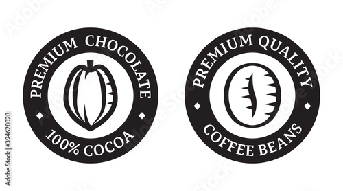 Vector vintage style labels with 100 % Cocoa, Premium chocolate and Premium quality сoffee beans phrases. Cocoa and coffee bean icons for food packaging