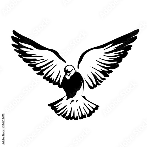 Flying bird logo. Black and white graphics.