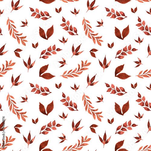 Watercolor pattern with different ocher leaves of plants and trees on a white background. Whole branches of plants and trees. Design for paper, textiles, packaging printing, scrapbooking.