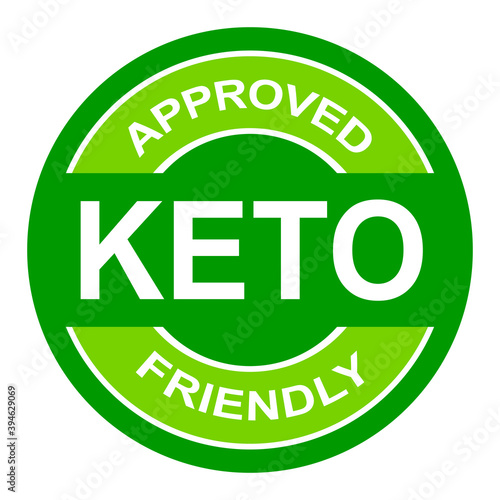 Keto approved friendly stamp. Ketogenic diet. Love keto. Green round frame. Plant based vegan food product label. Logo or icon. Sticker. 