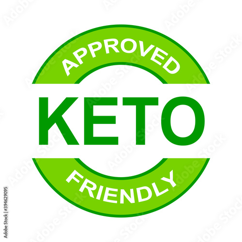 Keto approved friendly stamp. Ketogenic diet. Love keto. Green round frame. Plant based vegan food product label. Logo or icon. Sticker. 