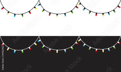 Christmas lights. Three colorful string fairy light set. Cartoon holiday festive xmas decoration. Lightbulb glowing garland. Cone shape. Rainbow color. Flat design. Black White background. photo