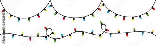 Christmas lights. Colorful string fairy light set. Cartoon holiday festive xmas decoration. Lightbulb glowing garland. Rainbow color. Cone shape.Flat design. Isolated. White background.