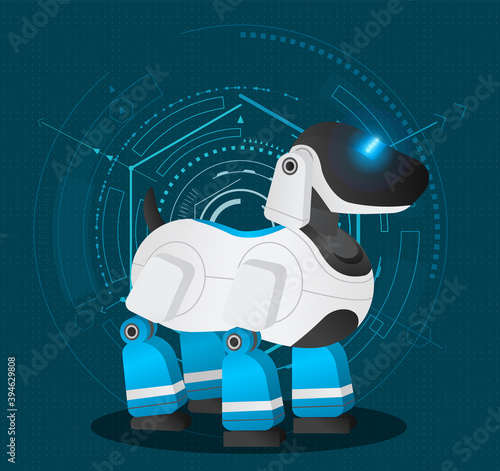 Futuristic robotic dog with glowing blue eyes at abstract circles, lines background. Artificial intelligence, innovative model of domestic pet. Realistic android dog, electronic creature. Vector icon