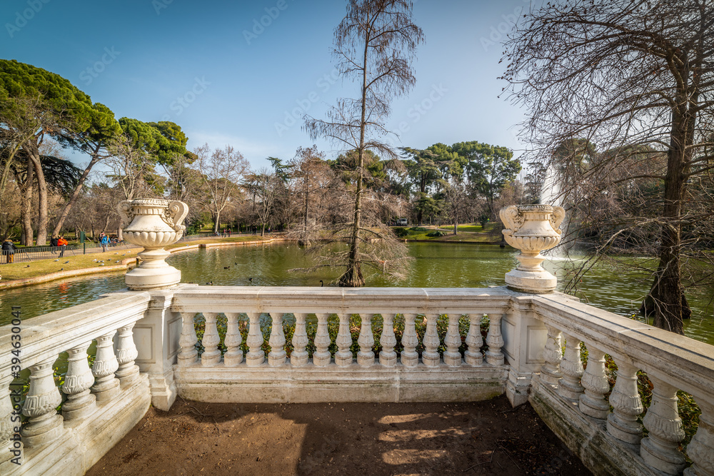 Small terrace by small lake in Buen Retiro park in Madrid