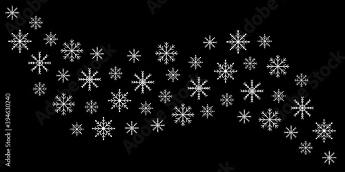 Snowflake icon set. White wave snowflakes line banner. Merry Christmas. Happy New Year decoration sign symbol. Xmas paper craft. Snow flake. Frozen star shape. Black background. Flat design.