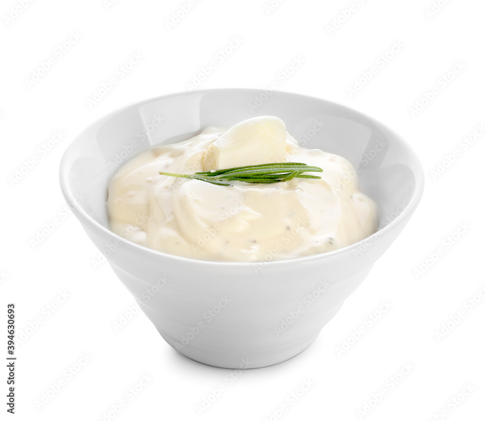 Bowl with tasty sauce on white background Bowl with tasty sauce on white background