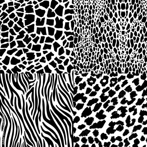 Four seamless patterns of animal prints. Abstract black and white composition of the pattern of zebra  tiger  lizard  giraffe.