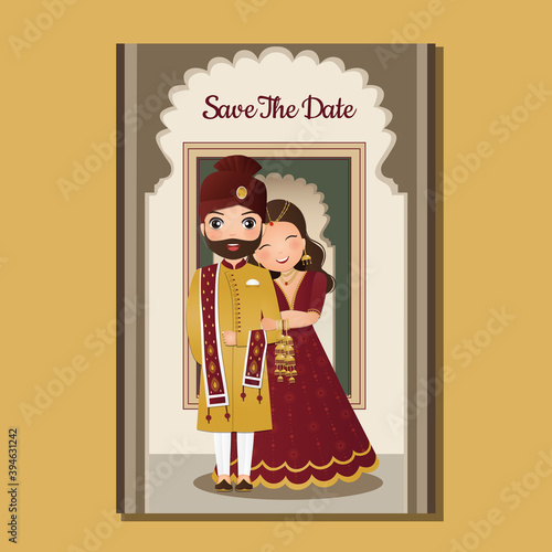  Wedding invitation card the bride and groom cute couple in traditional indian dress cartoon character. Vector illustration.