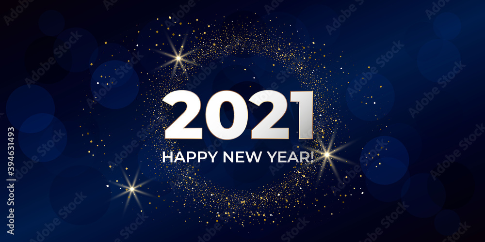 Happy New Year 2021. Greeting card with gold glittering round on blue background. For holiday invitations, banner, poster. Vector illustration.