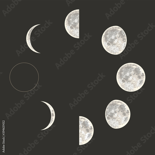 Moon phases. Full cycle. Realistic style. Vector illustration