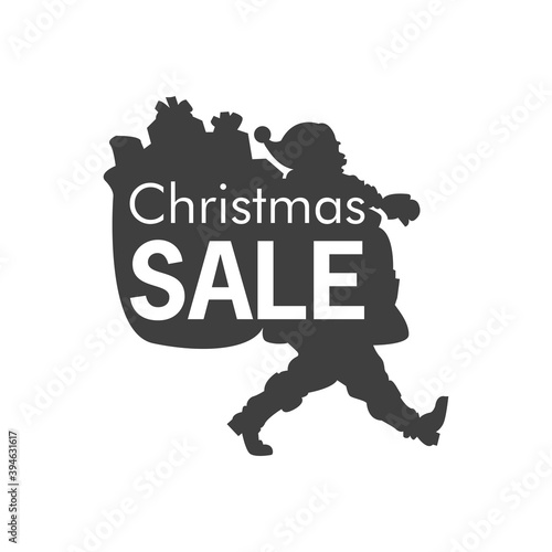 Rebajas de Navidad. Logotipo con texto Christmas Sale en silueta Papá Noel con bolsa de regalos en color gris