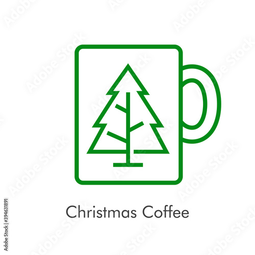 Tiempo de navidad. Logotipo con taza de café con árbol de navidad con lineas de color verde
