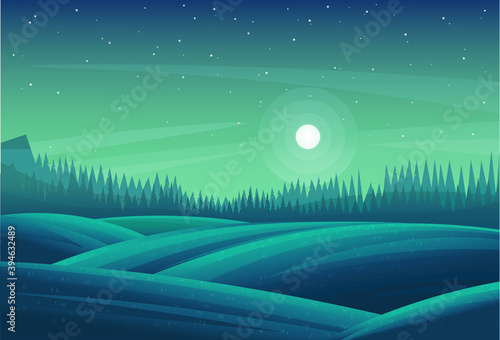 Night forest landscape. Blue-green fields, meadows, strip of coniferous wood. Bright meadows and stars. Beautiful nightly natural forest landscape. Fir, Christmas trees, pines, dense thickets