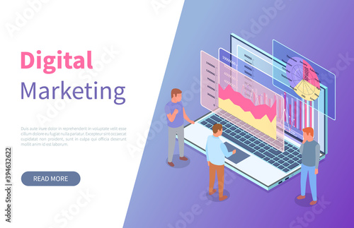 Lending page marketing site. Isometric image of male characters near large conceptual laptop with colorful graphs, bar and pie charts. The concept of digital marketing. Isometric vector illustration