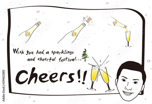 Opens champagne to show sparkling and cheerful christmas vector illustrator graphic EPS 10