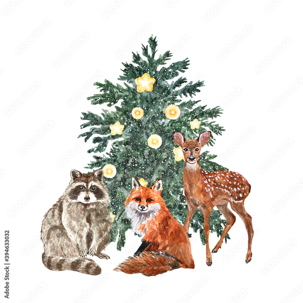 Obraz Akwarela słodkie zwierzęta leśne i świąteczna ilustracja choinka. Ręcznie malowane lisa, jelenia i szopa pracza, na białym tle. Karta ferii zimowych.