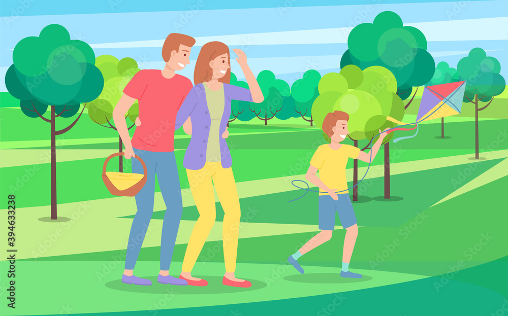 Married couple with child are walking in city park or forest, family picnic. Man carries basket of food, picnic in nature, child playing kite, sandwiches. Green succulent plantings. Flat image