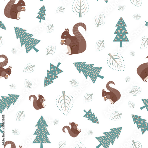 Cute squirrel in forest vector seamless pattern background. Scattered folk art woodland animals, acorns and trees on white backdrop. Brown, teal, blue scandi hand drawn motifs modern all over print
