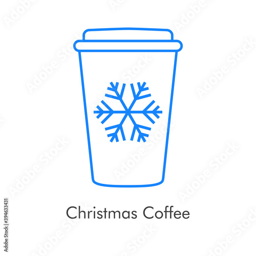 Tiempo de navidad. Vaso de café. Logotipo con vaso de plastico con tapa con copo de nieve con lineas color azul