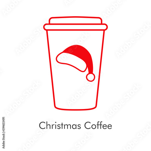 Tiempo de navidad. Vaso de café. Logotipo con vaso de plastico con tapa con gorro de Papá Noel con lineas en rojo