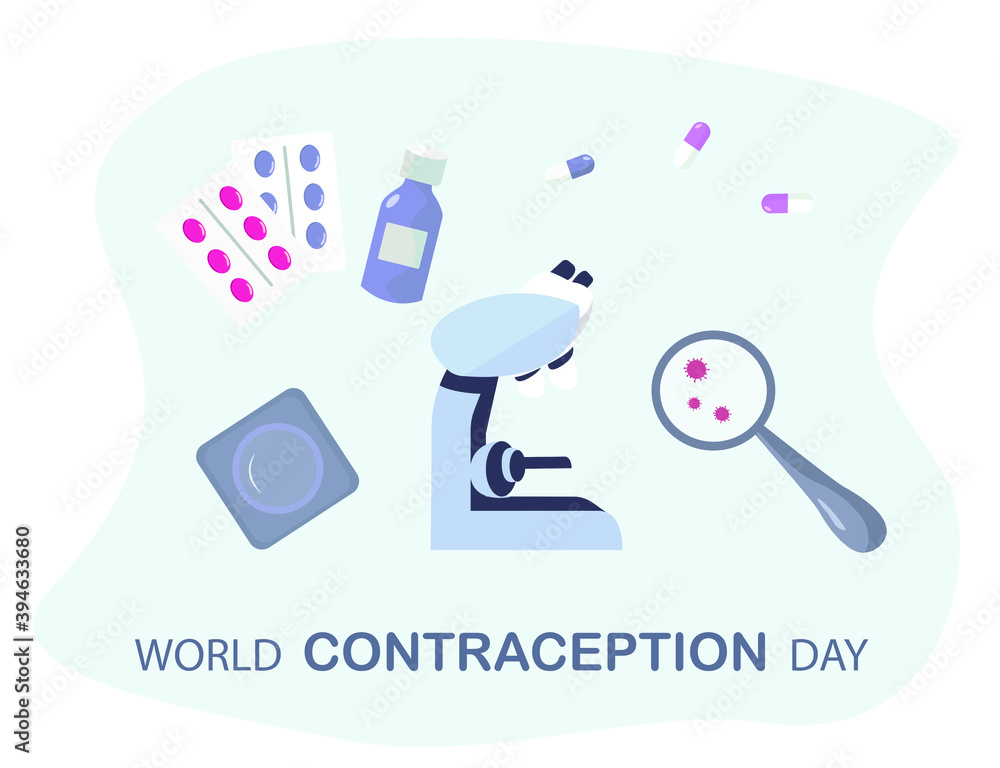 World Contraception Day.Pills or Tablets in Blister Packs.Oral Contraception and Condom.HIV Test. Red Ribbon as a Symbol of World AIDS Day.World AIDS Day Awareness.Flat Vector Illustration