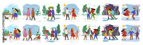 Creating family, couple of young guy and girl from first date to family and children, people walking with dog, snowy day, during rain with umbrella, windy weather, strong rain at night, skating at ice