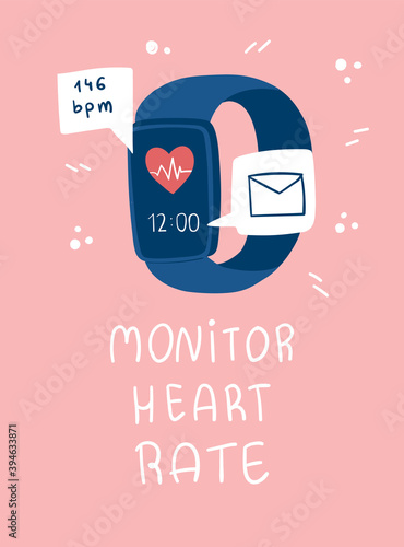 Smart watch with email and heart rate icons. Monitor heart rate lettering.