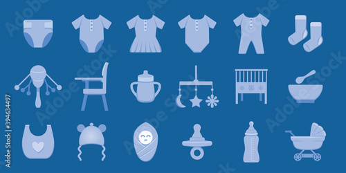 Simple Set of baby supply and outfit Related Vector icon graphic design. Contains such Icons as diaper, jumpsuit, boy, girl, sock, chair, mug, bed, cage, pacifier, apron, milk bottle