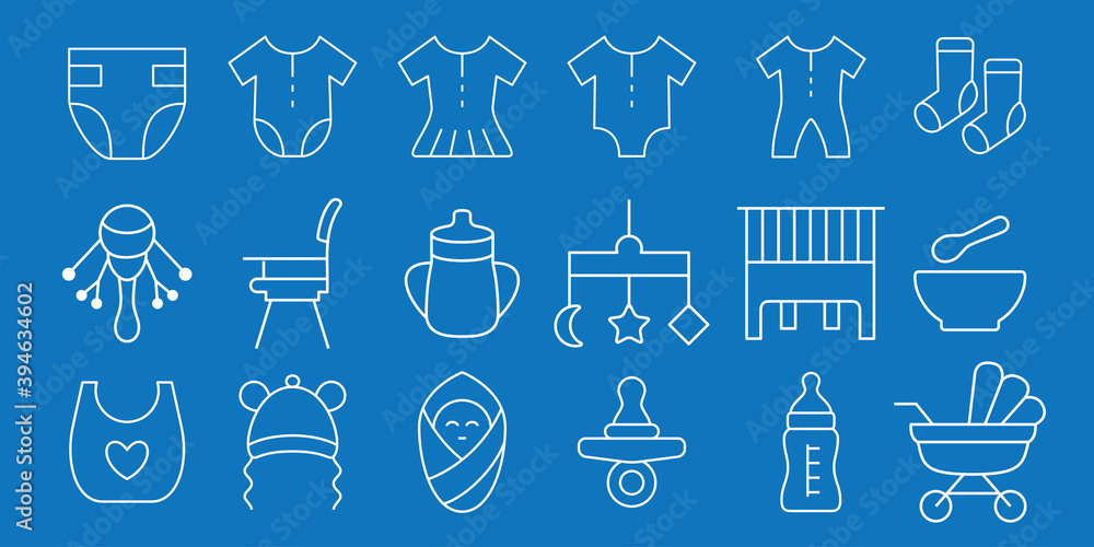 Simple Set of baby supply and outfit Related Vector icon lineal style graphic design. Contains such Icons as diaper, jumpsuit, boy, girl, sock, chair, mug, bed, cage, pacifier, apron, milk bottle Simple Set of baby supply and outfit Related Vector icon lineal style graphic design. Contains such Icons as diaper, jumpsuit, boy, girl, sock, chair, mug, bed, cage, pacifier, apron, milk bottle