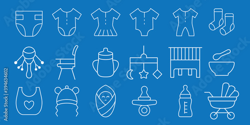 Simple Set of baby supply and outfit Related Vector icon lineal style graphic design. Contains such Icons as diaper, jumpsuit, boy, girl, sock, chair, mug, bed, cage, pacifier, apron, milk bottle
