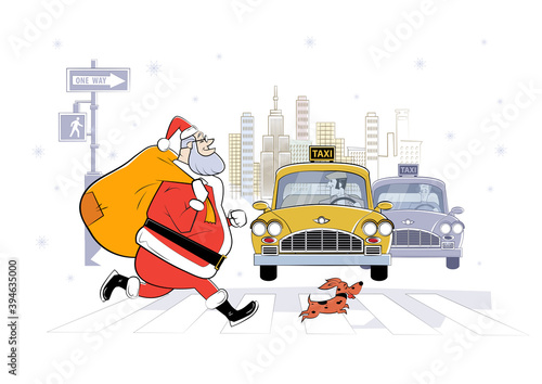 Cartoon illustration of Santa Claus in New York City with bag of gifts and small dog. Sketch illustration