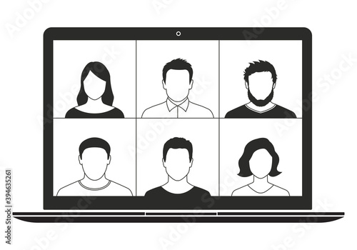 Video conference. Online meeting, learning or webinar. Video call. Group of people on a computer or laptop screen. Virtual business communication. Vector illustration.