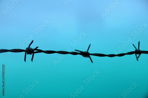barbed iron wire for imprisonment of convicts on a turquoise background