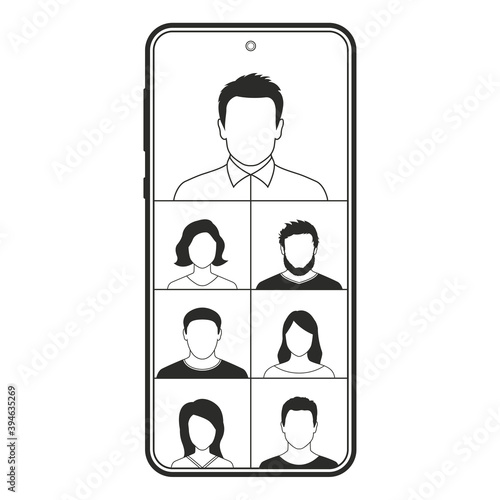 Video conference. Online meeting, learning or webinar. Video call. Group of people on a mobile phone and computer or laptop screen. Virtual business communication. Vector illustration.