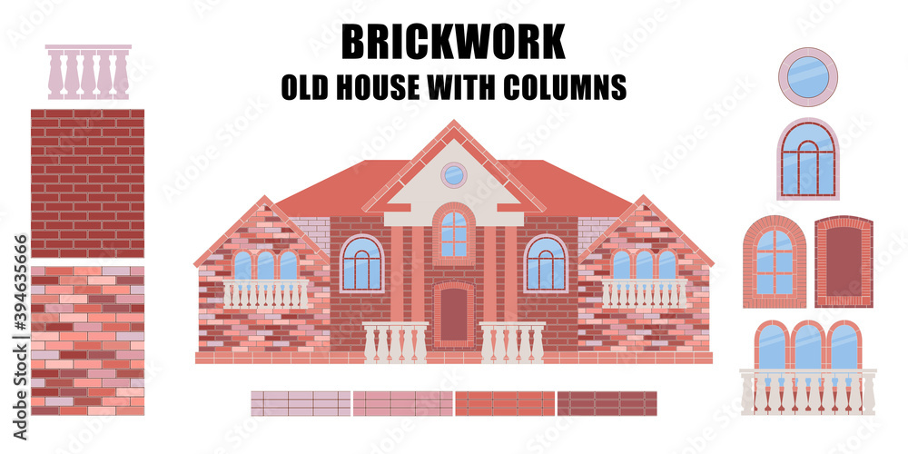 Set: Brickwork. Items and construction details made of bricks. Can be used for social media, posters, email, print, ads designs.