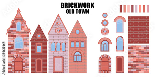 Set: Brickwork. Items and construction details made of bricks. Can be used for social media, posters, email, print, ads designs.