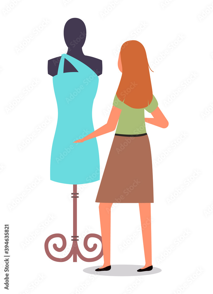 Female character is buying clothes at store. Woman is looking at mannequin ahd touching clothing. The girl is working with a dress model and choosing wardrobe items Buyer isolated on white background