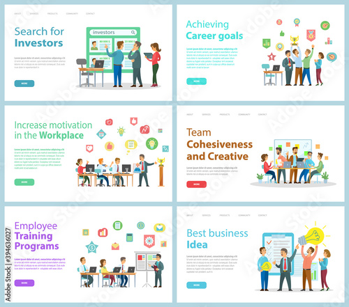 Large set of banners. Search for investors, career goals achievement, leader increases motivation of employees, office workers, cohesion and creativity, training, best business idea. Website Templates