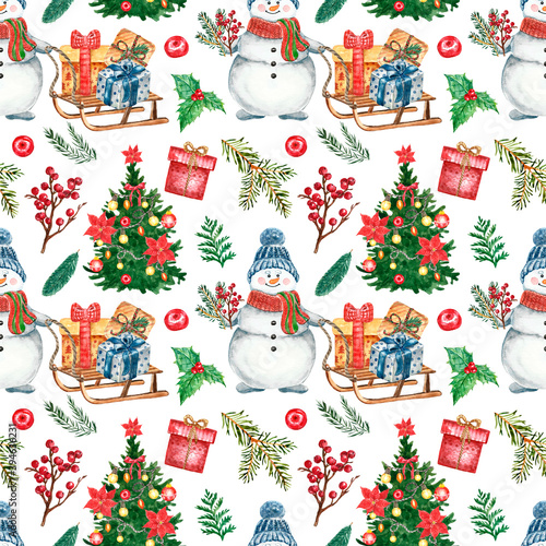 Cheerful Christmas seamless pattern with watercolor snowman, winter greenery,...
