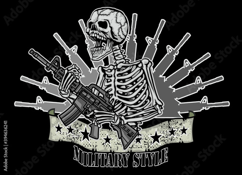 military sign with skeleton and guns, grunge vintage design t shirts