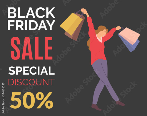 Young beautiful happy girl buys presents on the sale. Female character with shopping bags in her hands on the black friday. Announcement of a fifty percent discount. Special offer in the store