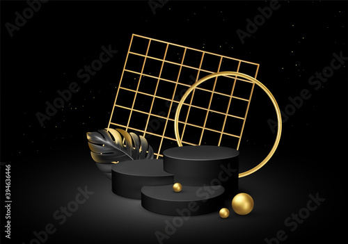 3d realistic black pedestal on a black silk background with golden elements palm leaves. Empty space design luxury mockup scene for product. Vector illustration