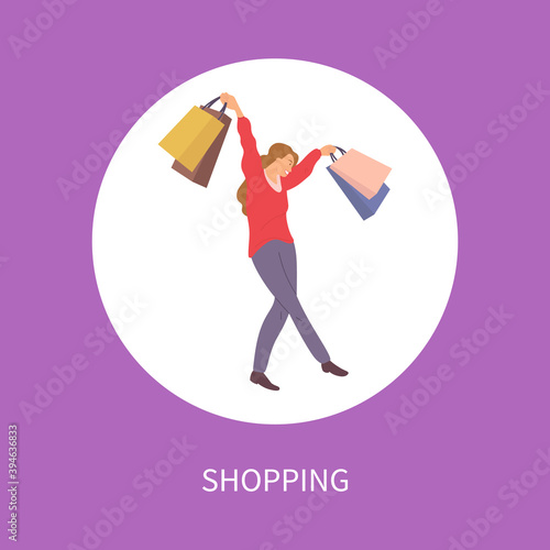 Thirty percent discount announcement. Sale advertisement. Happy woman with shopping bags in her hands. Young beautiful girl picks up multi-colored packages with clothes. Female character shopping
