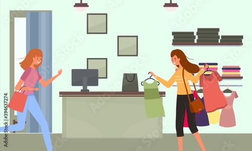 The girl with a hangers with t-shirts goes shopping. Female character is in a hurry to shop. Young beautiful fashion girl isolated on white background. Person with a pink package in her hands