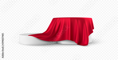 Realistic 3d round white product podium display covered red fabric drapery folds isolated on white background. Vector illustration