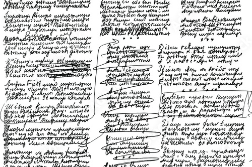 Grunge texture of unreadable handwritten text of poems with corrections. Vector illustration. Overlay template.
