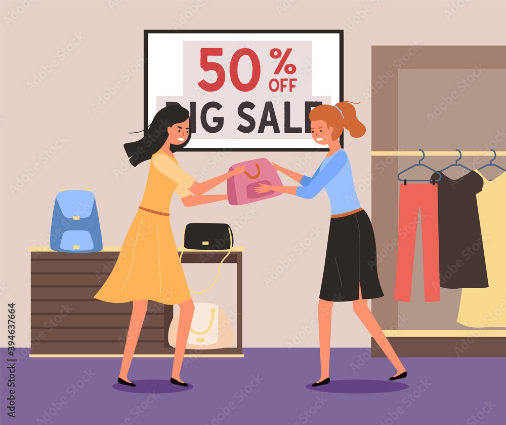 Girls are fighting over the bag. Woman in store are arguing during the sale. Discounts in boutique. Angry female characters are standing with a pouch in their hands. People debating about clothes Girls are fighting over the bag. Woman in store are arguing during the sale. Discounts in boutique. Angry female characters are standing with a pouch in their hands. People debating about clothes
